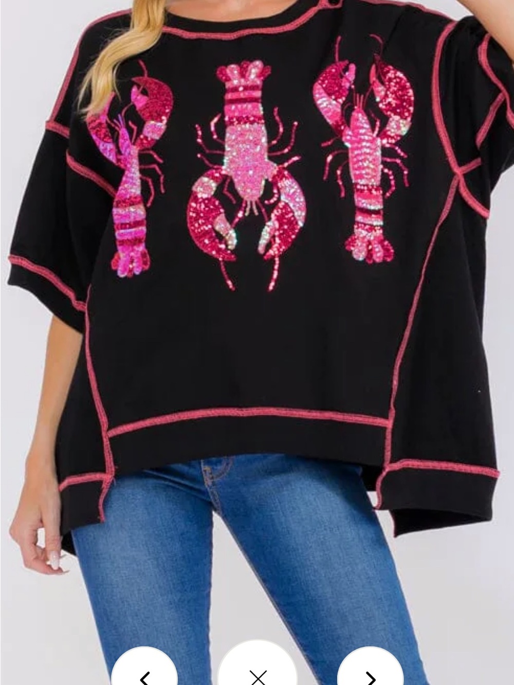 Oversized graphic sequin lobster hi low shirt